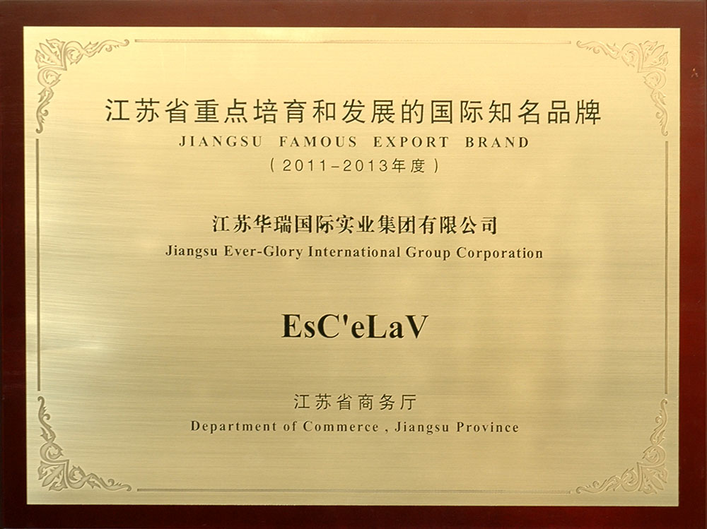 集團自有品牌EsC’eLaV（伊詩·夏蘭薇）榮獲“2011—2013年度江蘇省重點培育和發展的國際知名品牌”稱號。